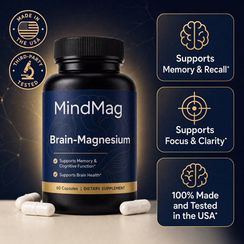 MindMag Brain-Magnesium - 60 capsules of pure magnesium glycinate, made and tested in the USA