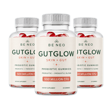 Be Neo GutGlow Skin + Gut probiotic gummies, three bottles