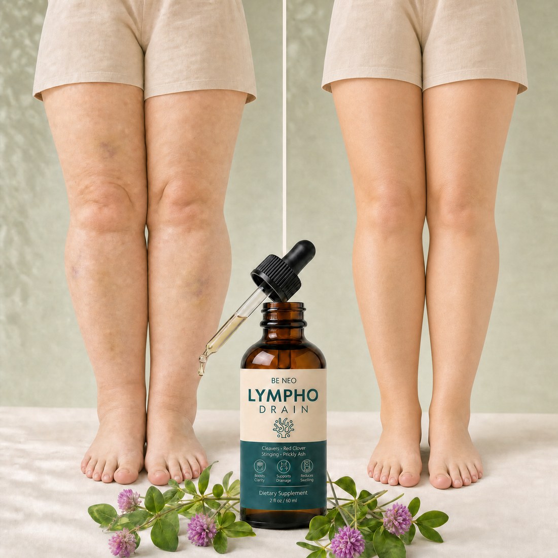 Legs at the end of the day, before and after, with Be Neo LymphoDrain