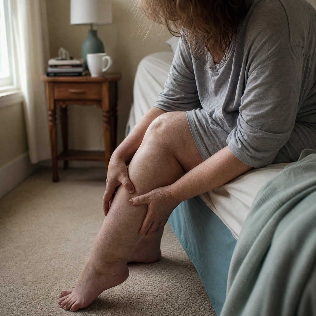 A woman sitting on the edge of her bed, pressing her thumb into her shin above the ankle.