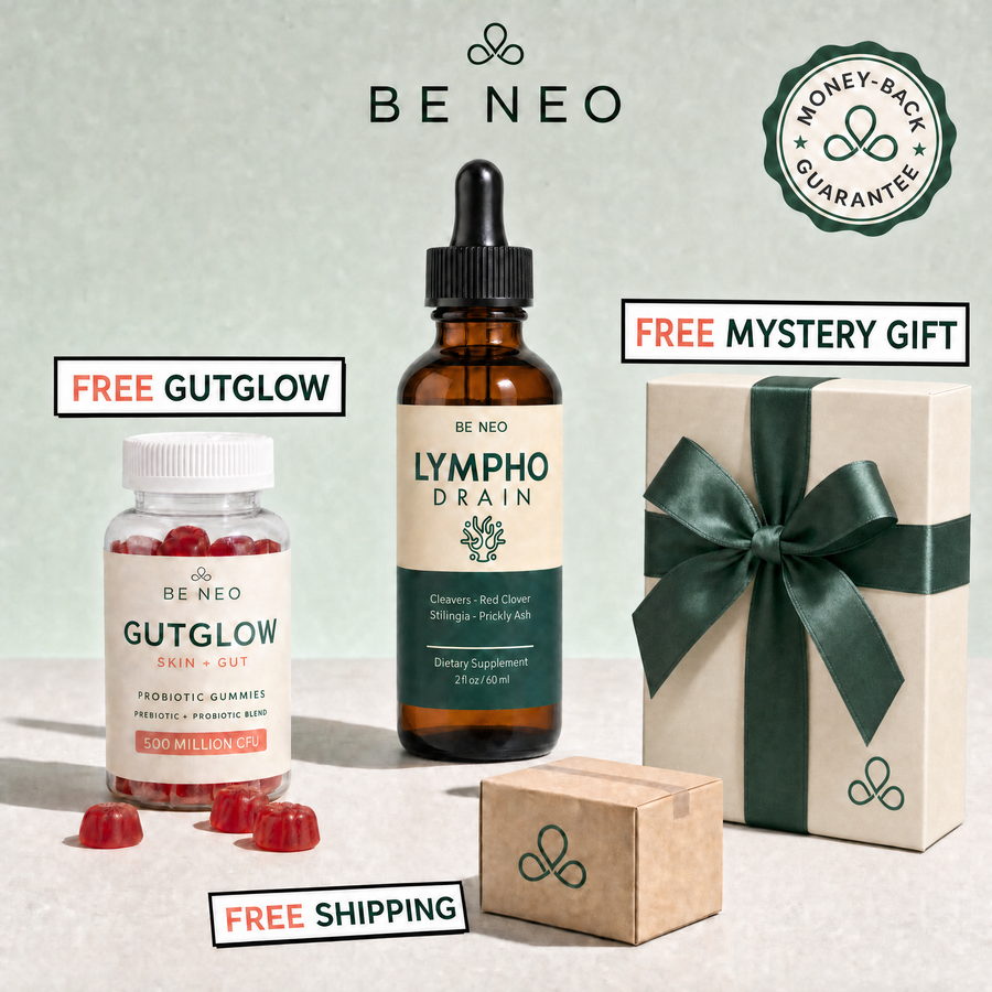 Three bottles of Be Neo LymphoDrain with the three free gifts