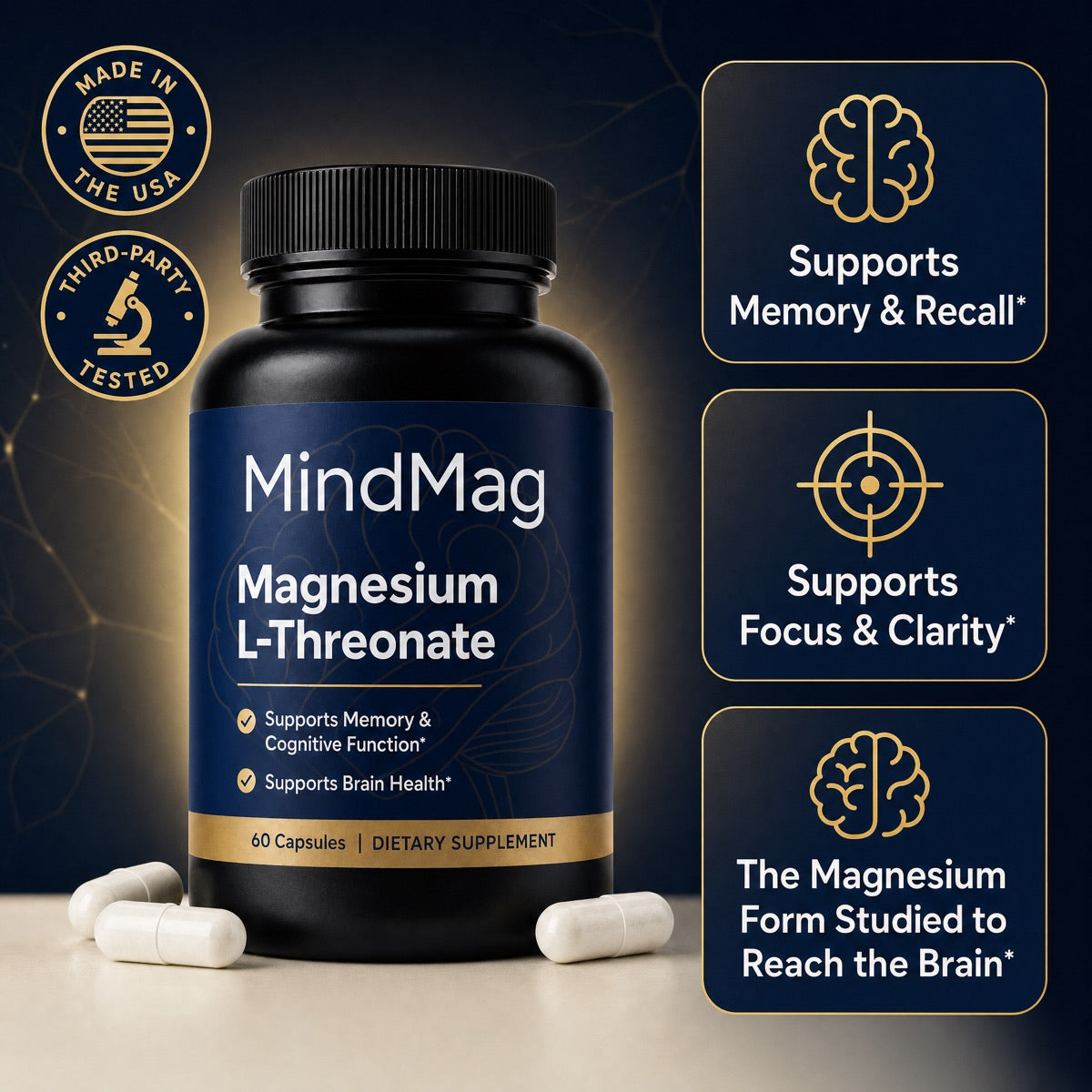 MindMag bottle &mdash; supports memory and recall, focus and clarity, and the magnesium form studied to reach the brain