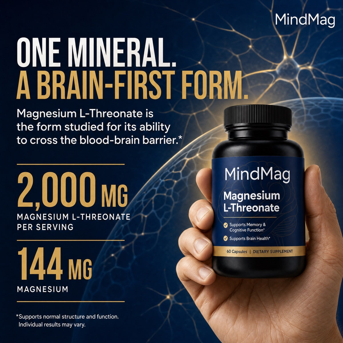 One mineral, a brain-first form &mdash; 2,000 mg Magnesium L-Threonate and 144 mg magnesium per serving