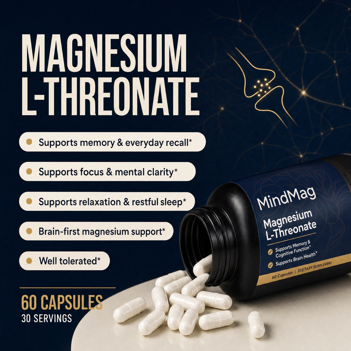 Magnesium L-Threonate, 60 capsules and 30 servings &mdash; supports memory, focus and restful sleep