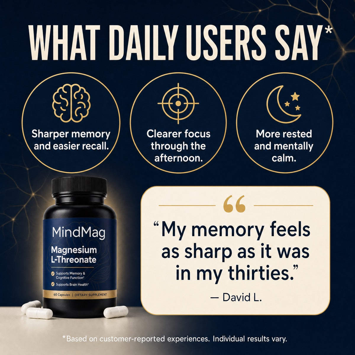 What daily users say &mdash; sharper memory, clearer focus through the afternoon, more rested and mentally calm