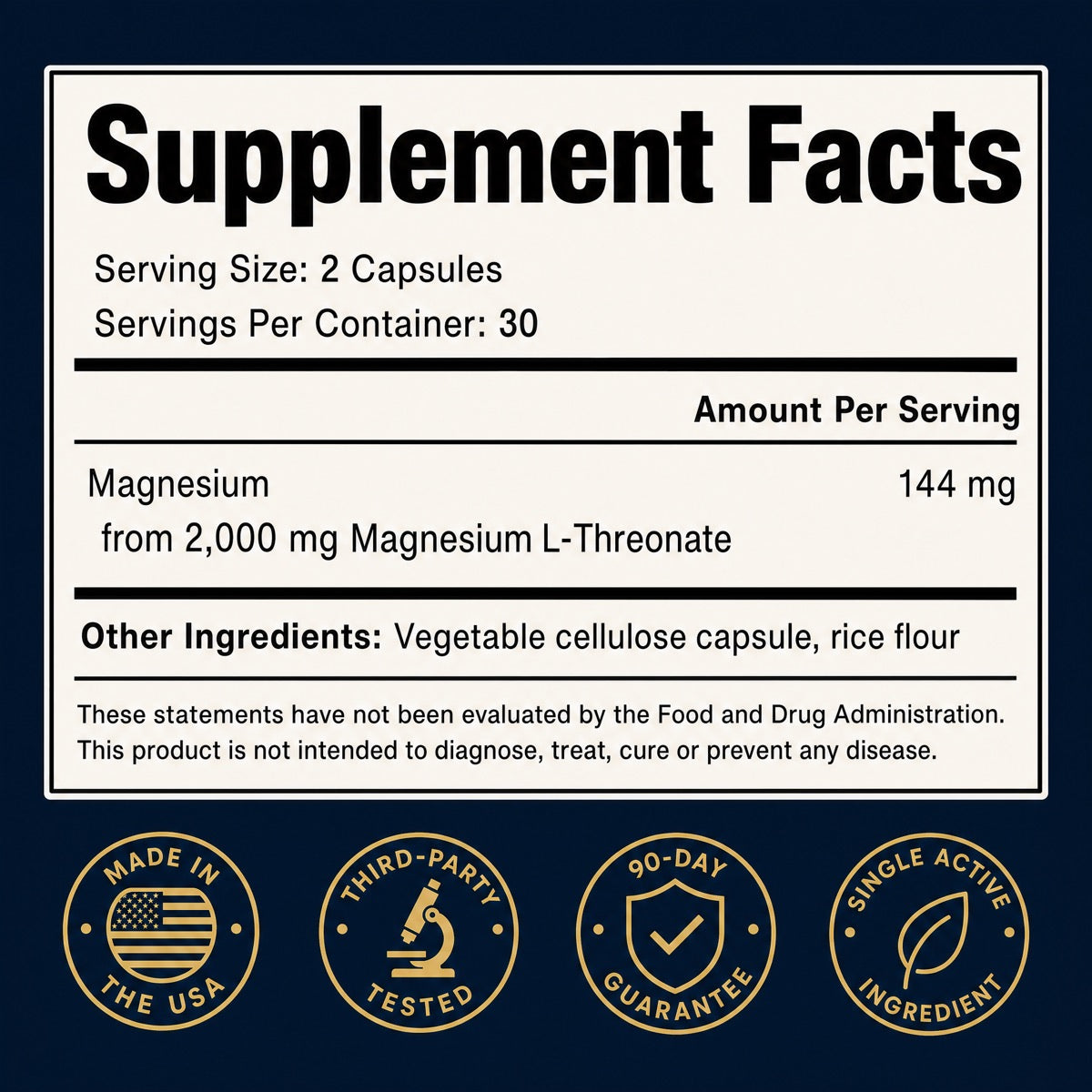 Supplement facts: 144 mg magnesium from 2,000 mg Magnesium L-Threonate per 2-capsule serving, made in the USA and third-party tested