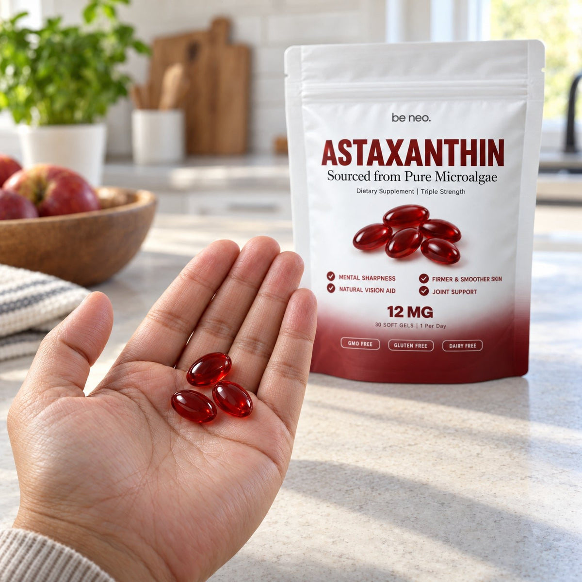 Natural astaxanthin softgels in the palm of a hand