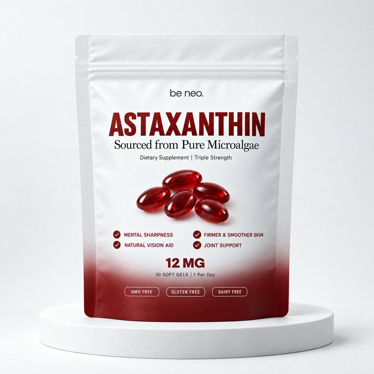 Be Neo Astaxanthin pouch on a white pedestal