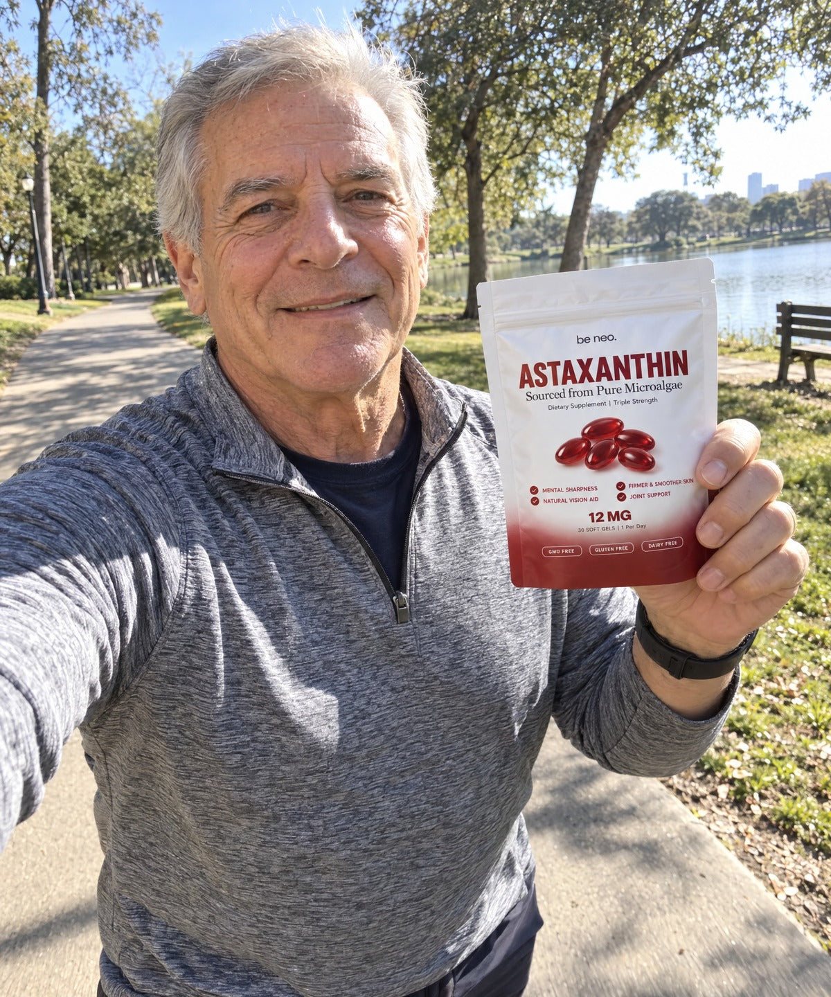 Older man walking energetically in the park