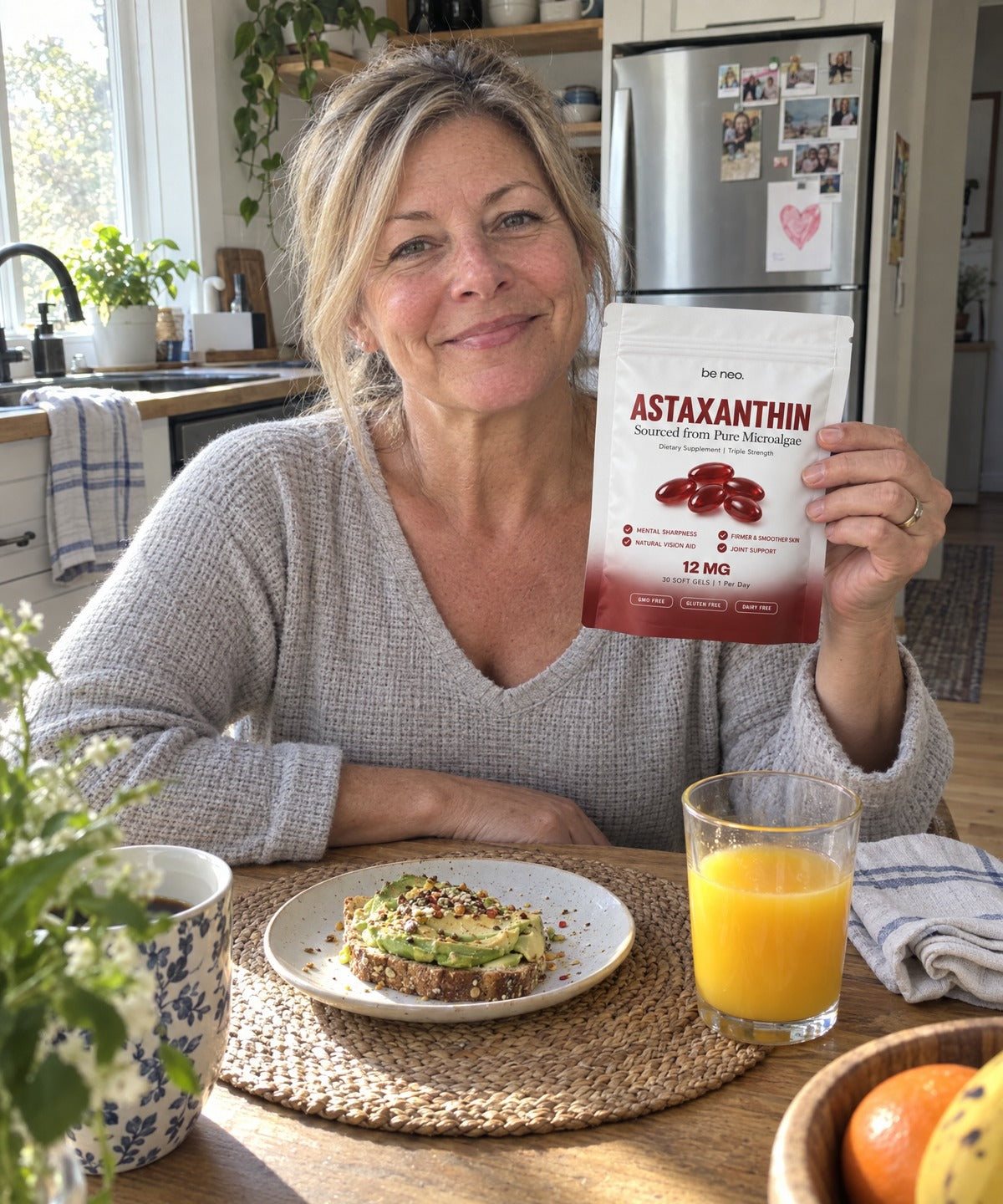 Woman at breakfast with Be Neo Astaxanthin