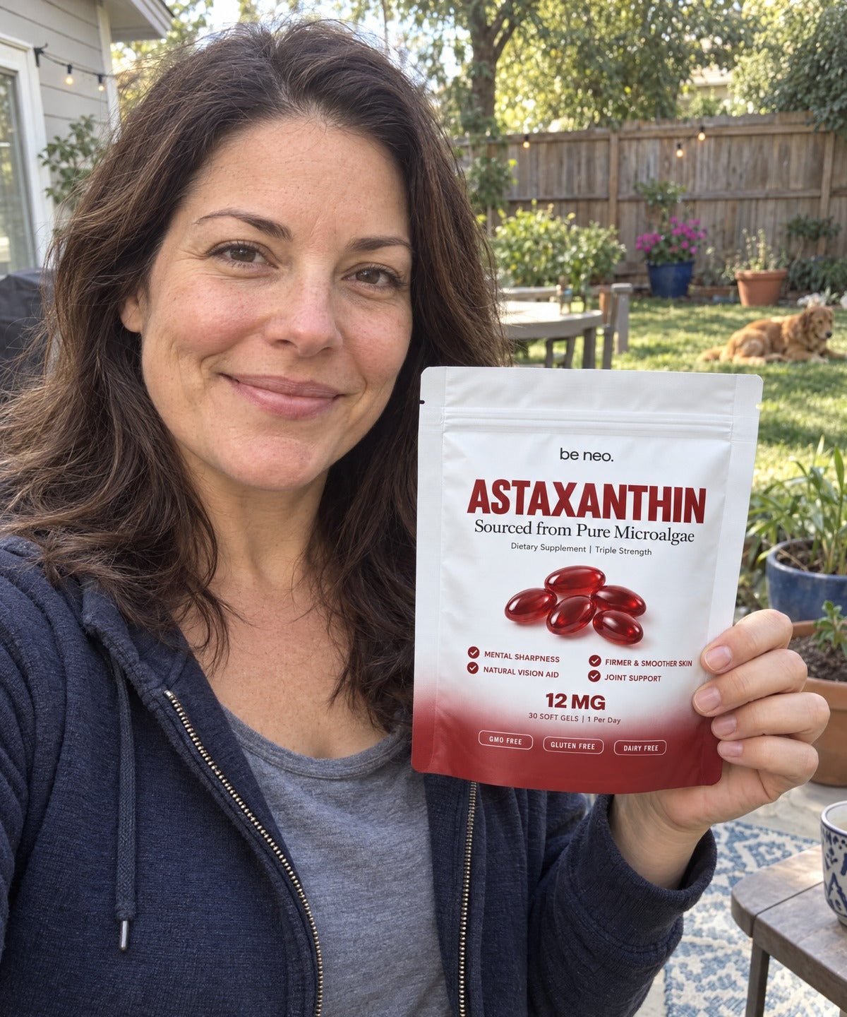 Woman smiling with Be Neo Astaxanthin