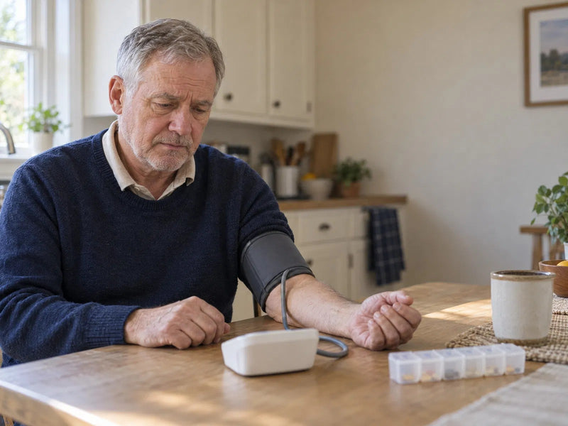 A man in his sixties checking his blood pressure at the kitchen table
