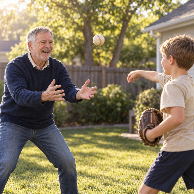 A grandfather playing catch with his grandson in the backyard