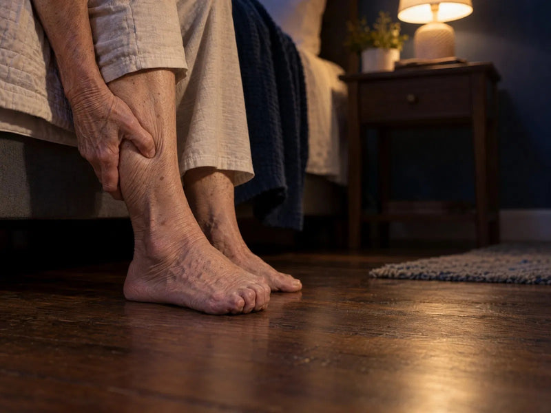Bare feet on a bedroom floor at night, a hand holding the calf