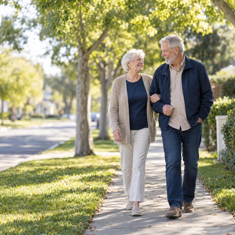 An older couple walking arm in arm on a tree-lined sidewalk