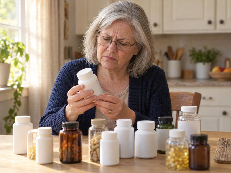 A woman in her sixties reading the back label of a supplement bottle at a kitchen table full of bottles