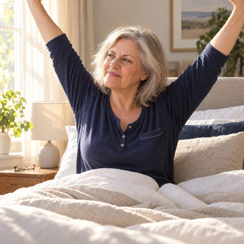 A woman in her sixties waking up rested on a bright morning