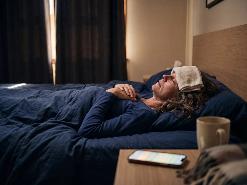 A woman resting in a dark bedroom with a cool cloth on her forehead