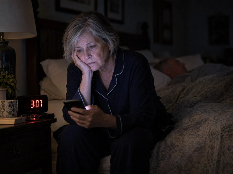 A woman awake in the middle of the night, sitting on the edge of her bed