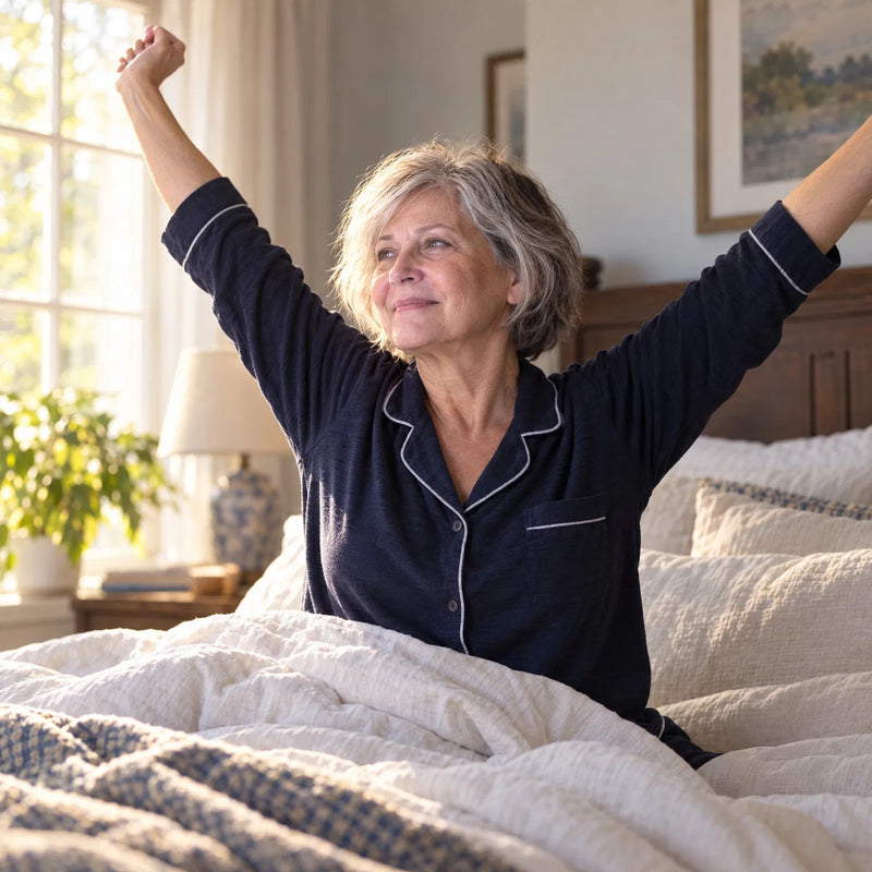 A woman waking up rested on a bright morning