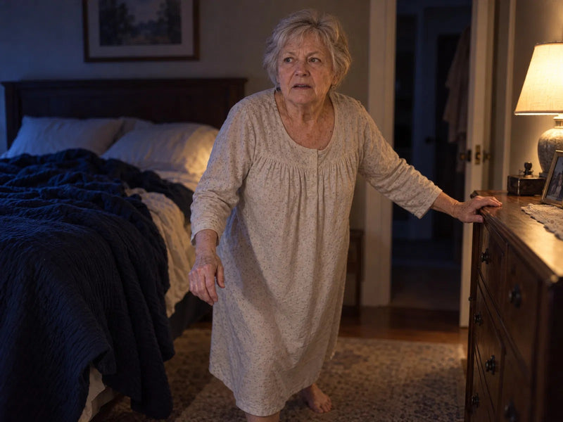 A woman in her seventies steadying herself on a dresser at night