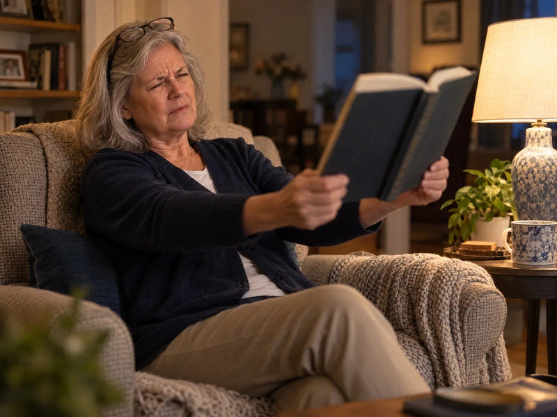 A woman in her sixties holding a book at arm's length to read in the evening
