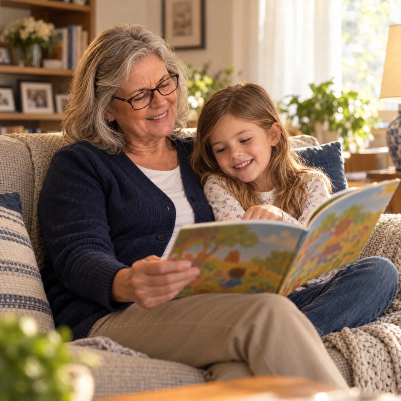 A grandmother reading a picture book with her granddaughter on the sofa