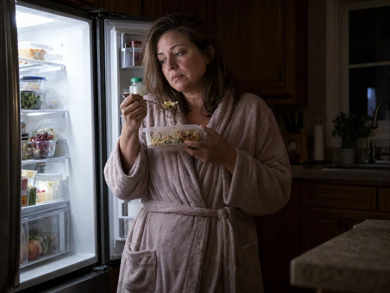 A woman eating from the fridge late at night