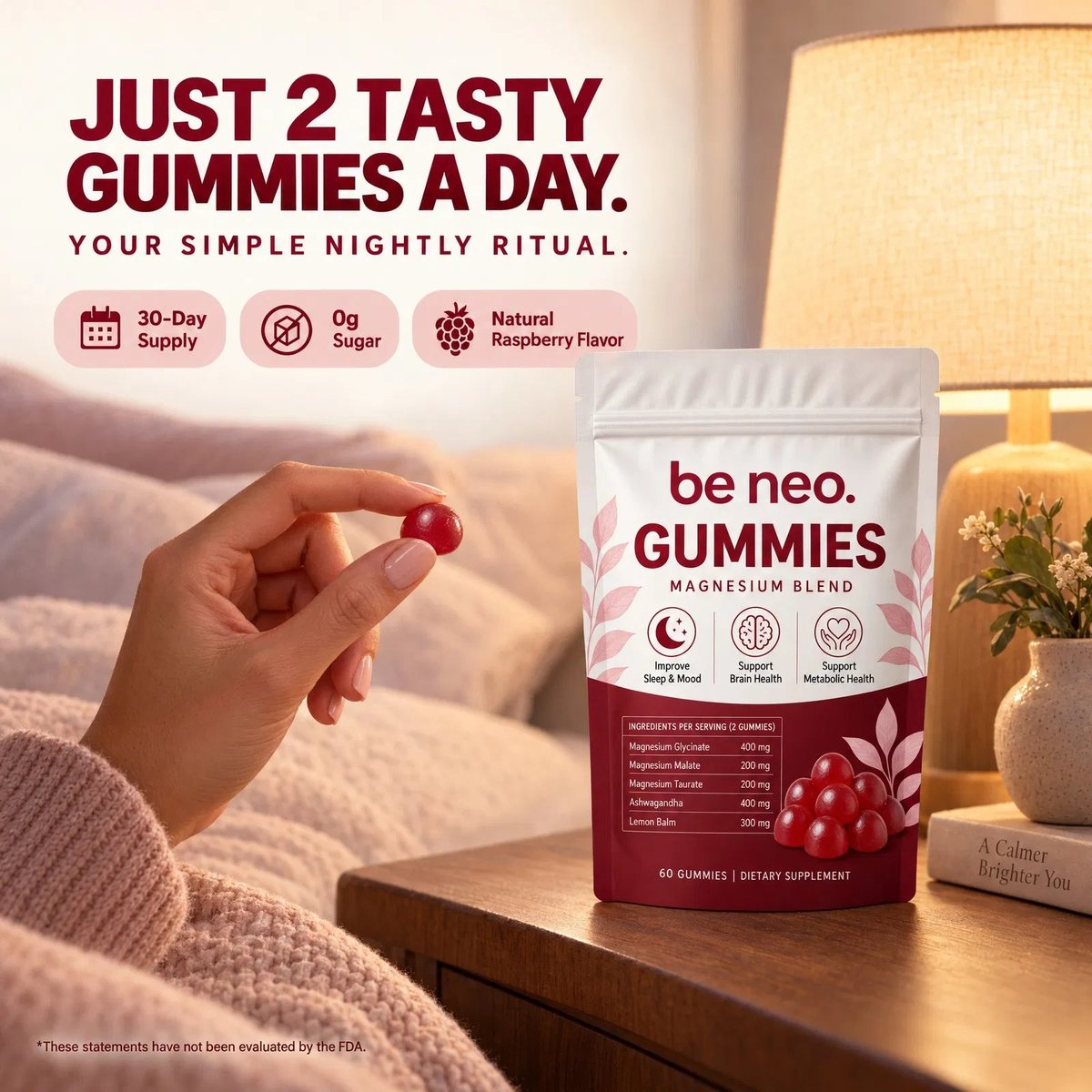 Just 2 tasty gummies a day &mdash; a 30-day supply, zero sugar, natural raspberry flavor