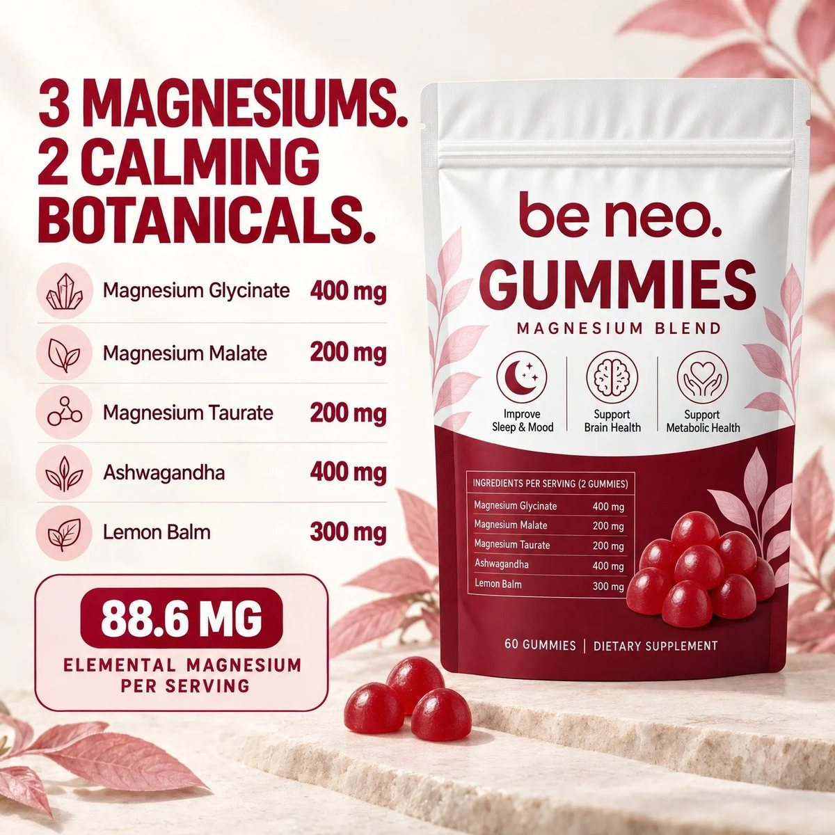 Three forms of magnesium plus two calming botanicals &mdash; glycinate, malate, taurate, ashwagandha and lemon balm