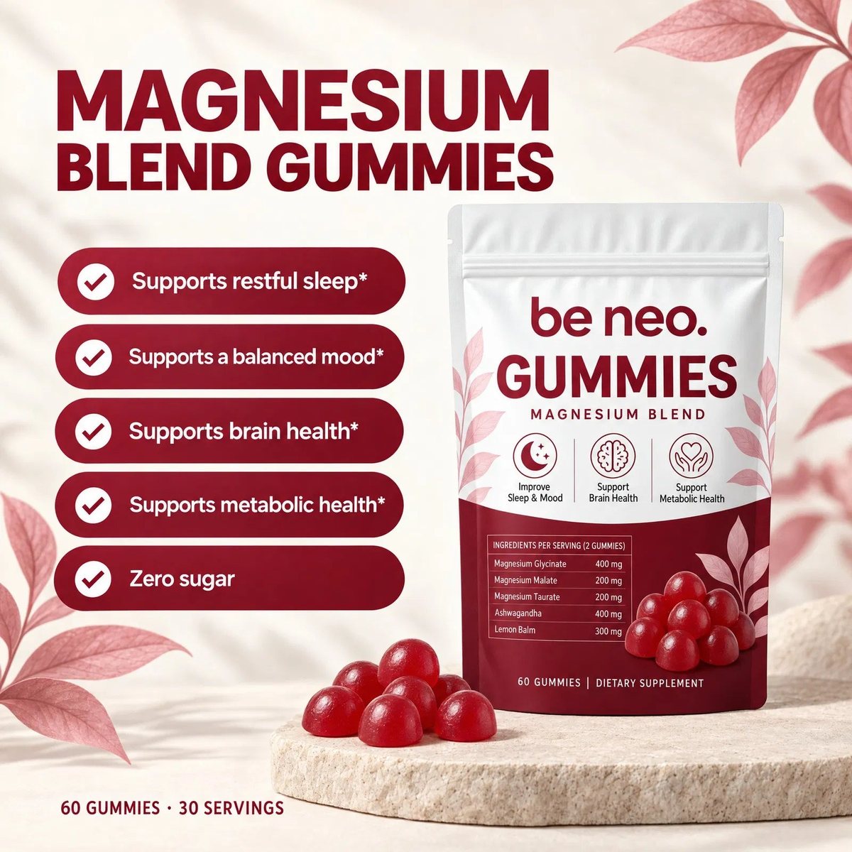 Be Neo Gummies pouch with raspberry gummies, 60 gummies and 30 servings &mdash; supports sleep, mood, brain and metabolic health