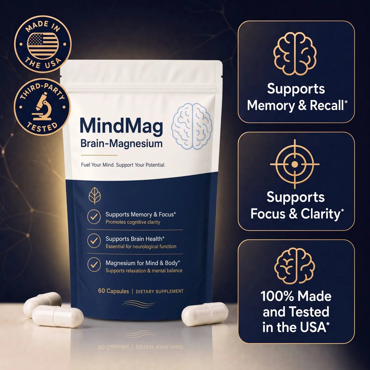 MindMag Brain-Magnesium pouch &mdash; supports memory and recall, focus and clarity, pure magnesium glycinate made in the USA