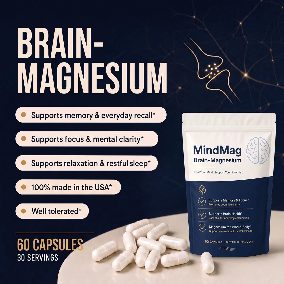 MindMag Brain-Magnesium, 60 capsules and 30 servings &mdash; supports memory, focus and restful sleep