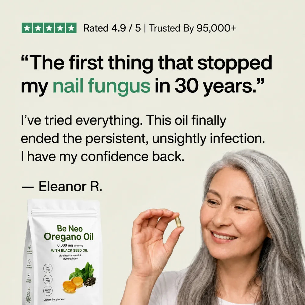 Be Neo customer testimonial with Oregano Oil pouch