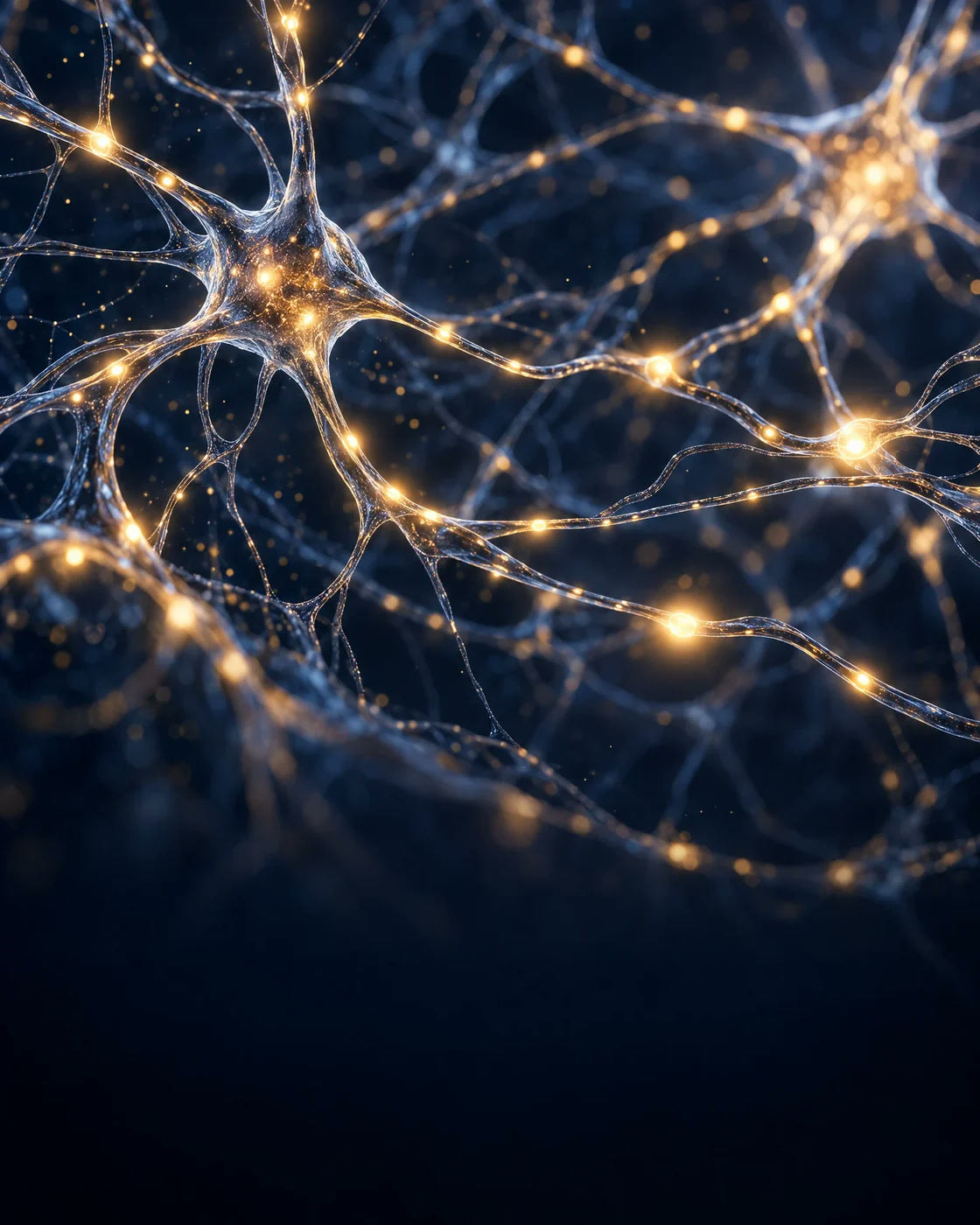 Gold neural pathways carrying signals through a deep navy biological network