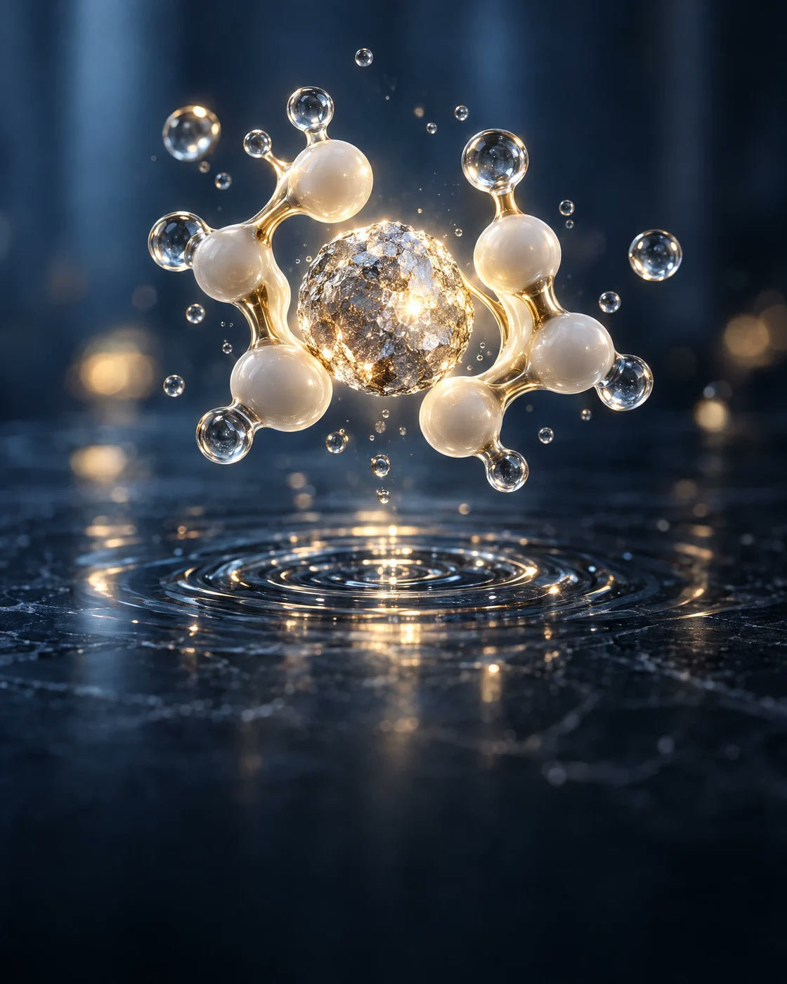 A mineral core held by paired organic molecular forms in a scientific still life