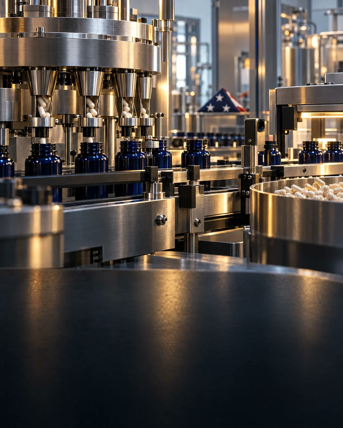 A modern American nutraceutical manufacturing line with stainless-steel equipment