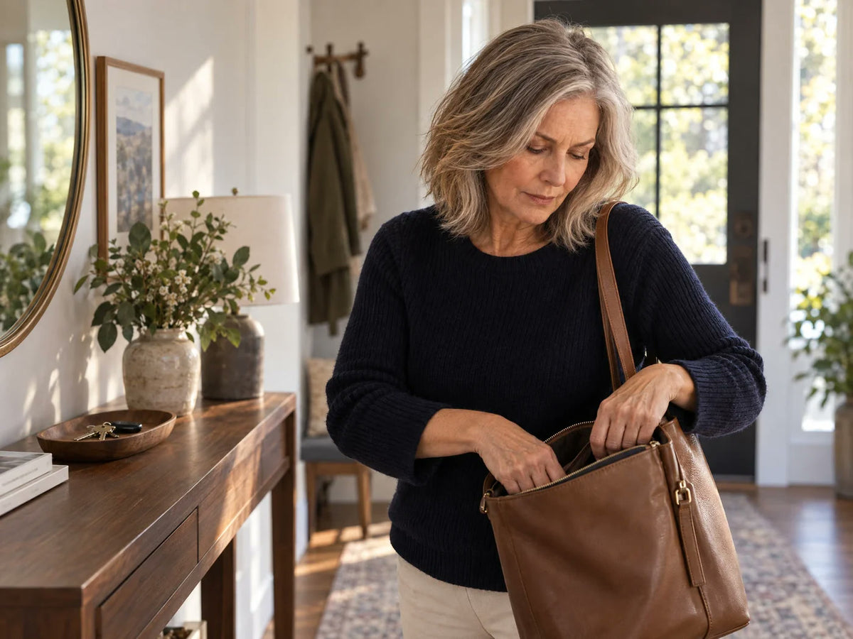 A mature woman pauses while looking for her keys in a familiar home entryway