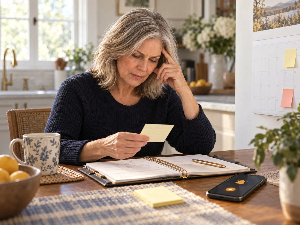 A mature woman rereads reminders and double-checks her calendar with quiet frustration