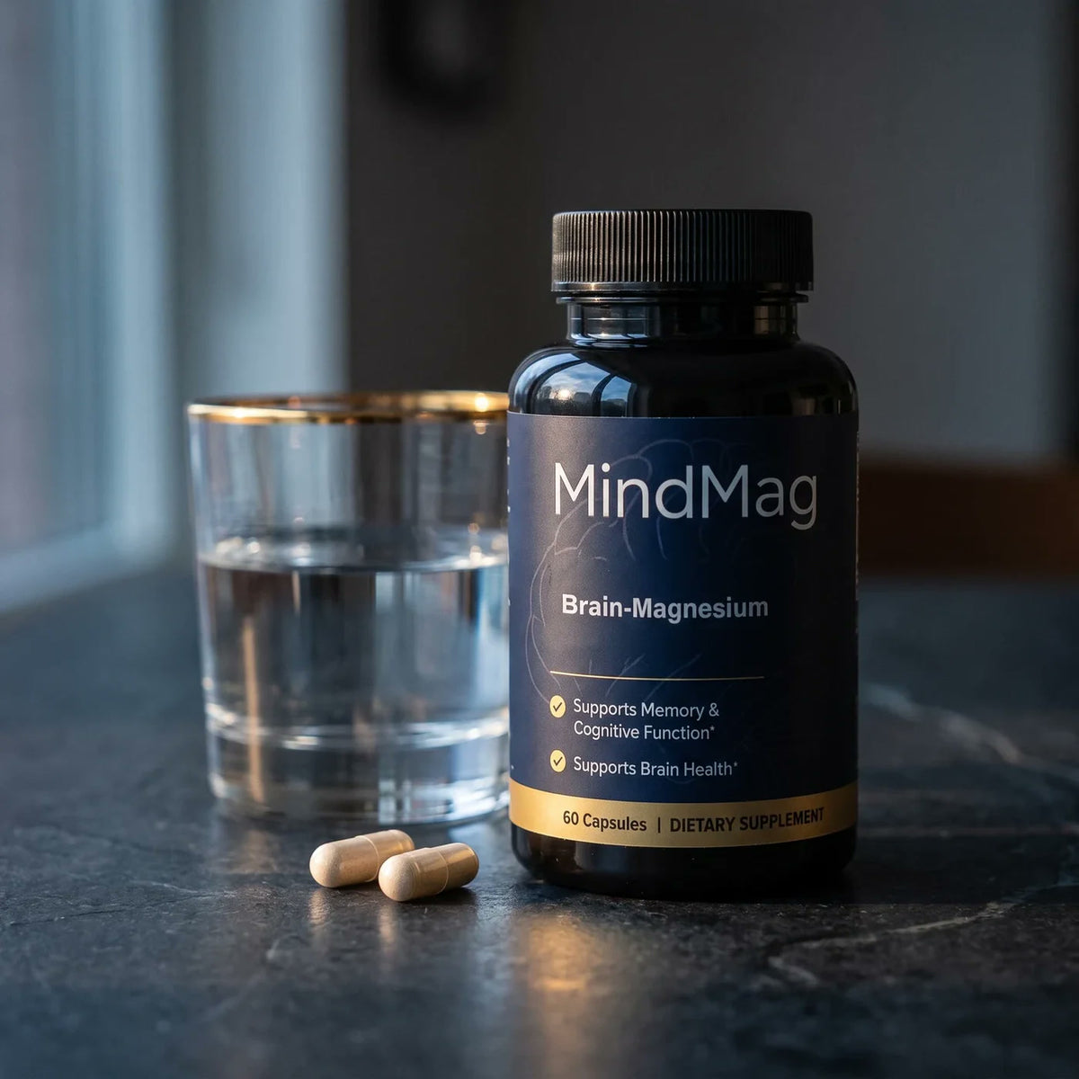 MindMag Brain-Magnesium with two capsules and a glass of water