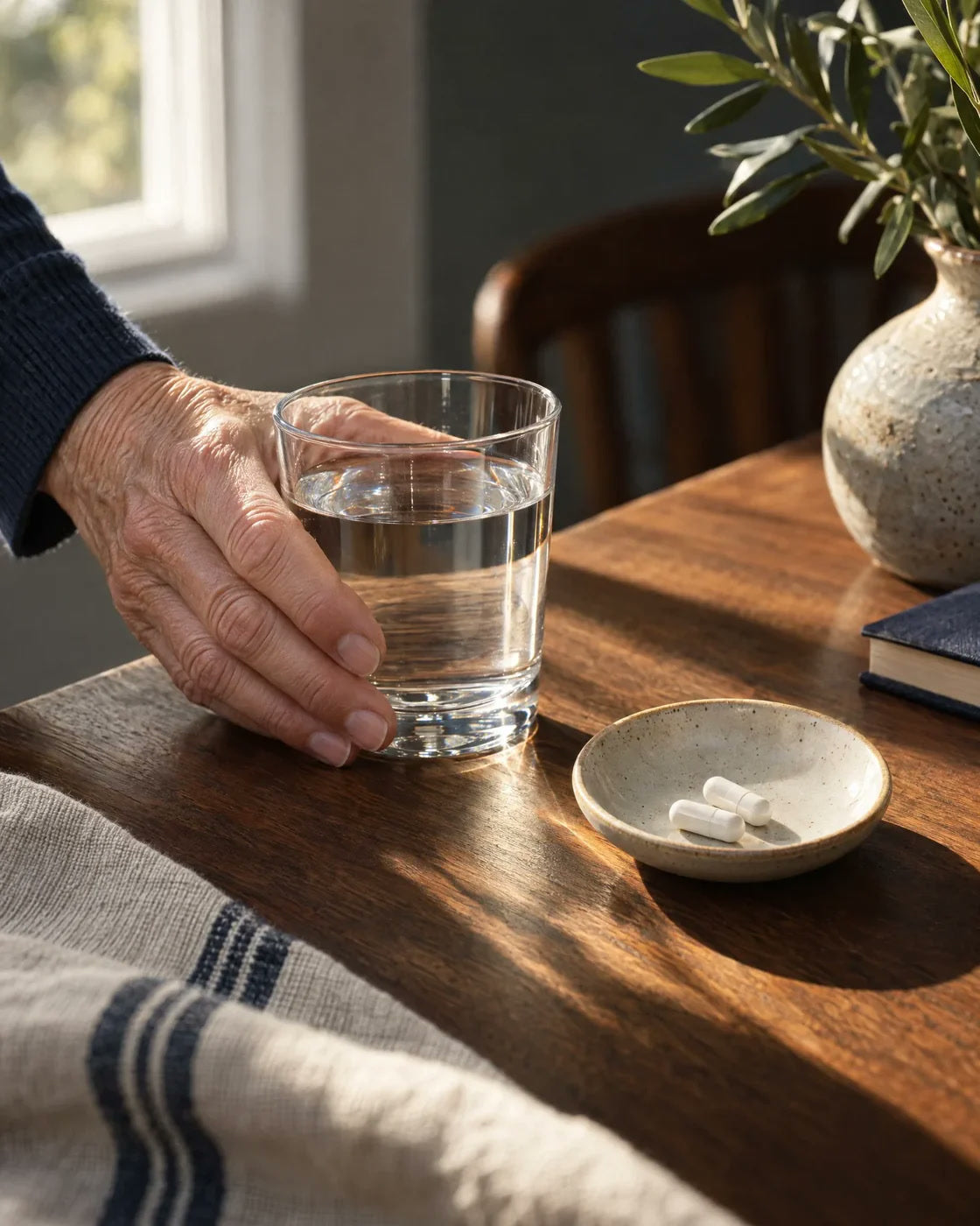 A quiet daily ritual with water and two capsules
