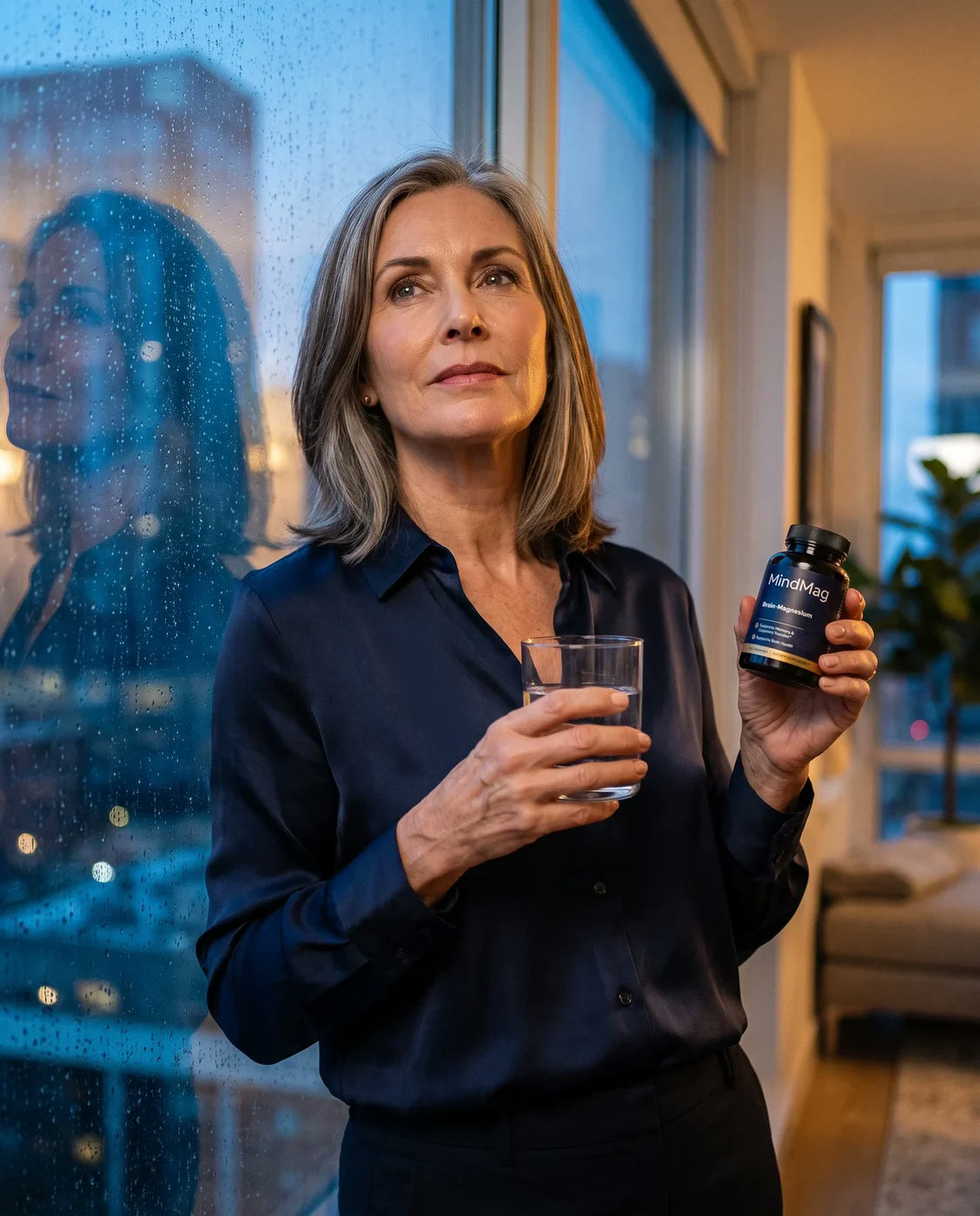 Mature woman with MindMag and a glass of water in warm evening light