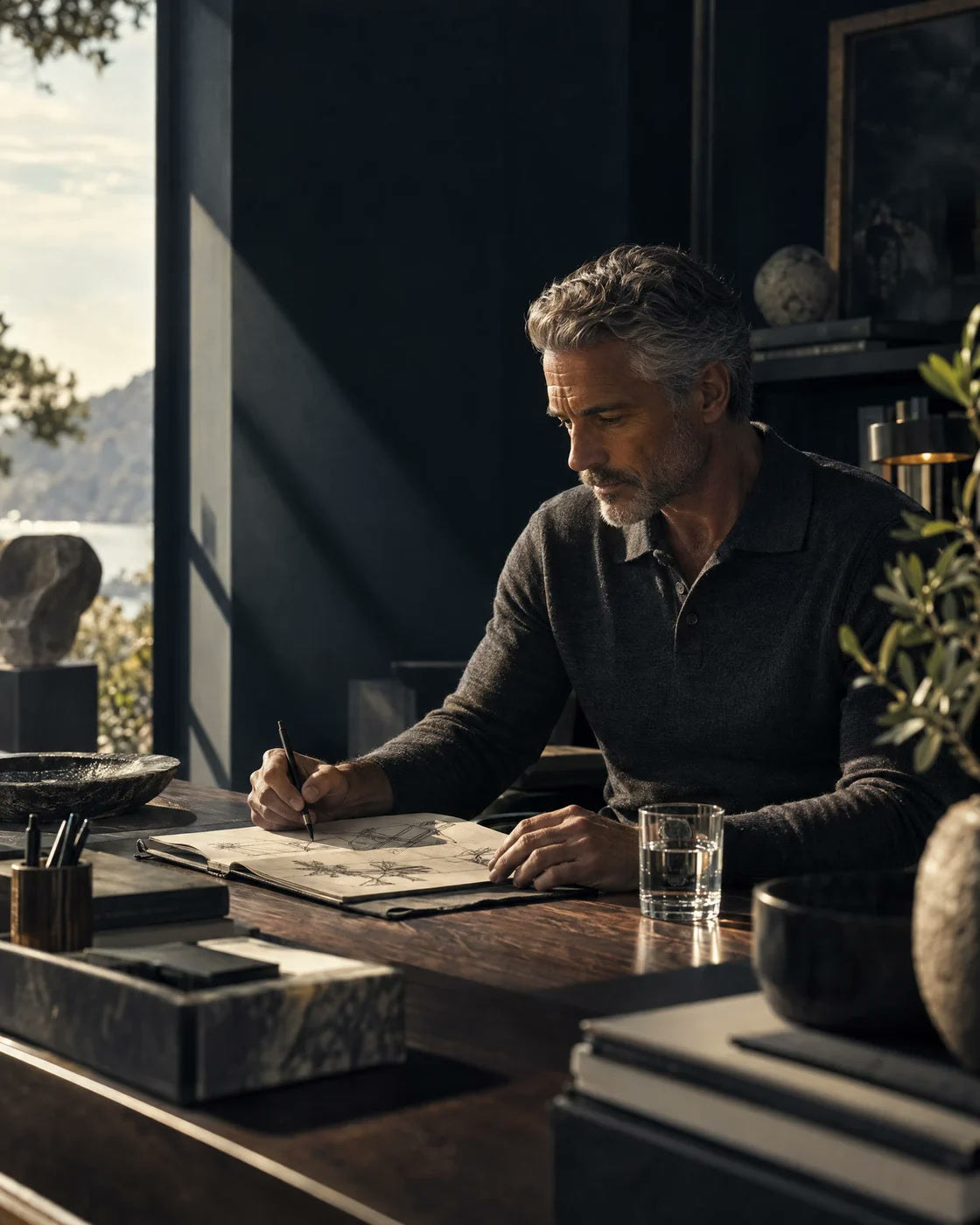 A confident man focused on creative work in cinematic morning light