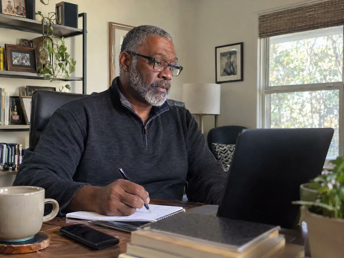 Representative candid home-office routine for James C.’s MindMag customer story