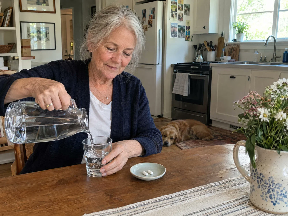 A silver-haired woman pours a glass of water during her morning routine
